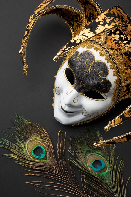 Vue de dessus du masque de carnaval avec des plumes