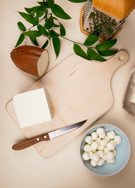 Vue de dessus du mini fromage mozzarella dans un bol bleu et divers morceaux de fromage sur une planche à découper en bois avec râpe et ruscus sur table de feuilles rustiques