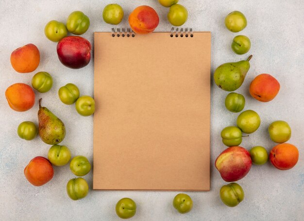 Vue de dessus du modèle de fruits comme la pêche prune et la poire autour du bloc-notes sur fond blanc avec espace de copie