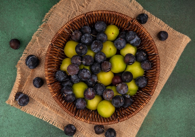 Vue de dessus du petit fruit bleu-noir aigre prunelles sur un seau avec prune cerise verte sur un sac en tissu sur fond vert