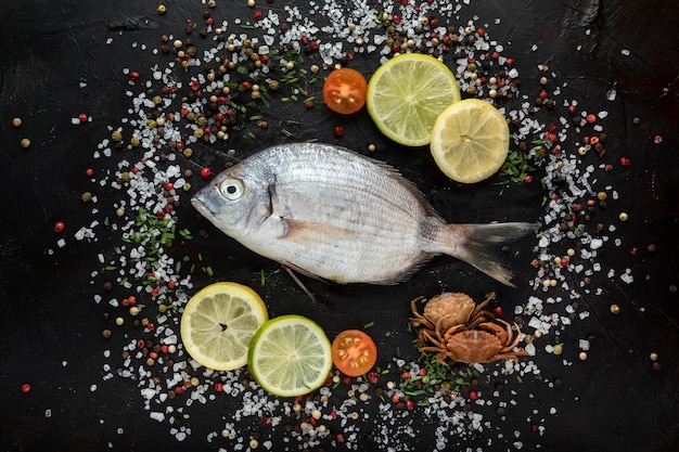 Photo gratuite vue de dessus du poisson avec du sel et des épices