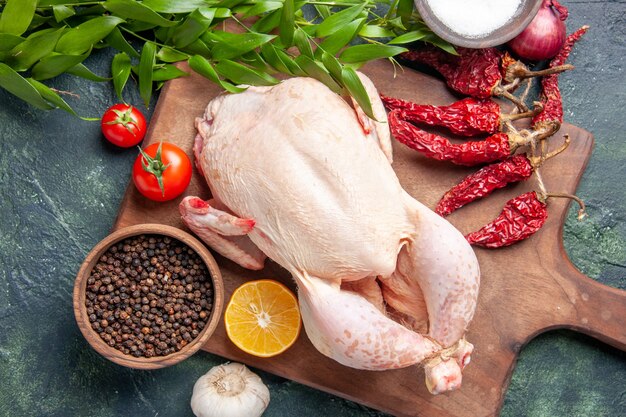 Vue de dessus du poulet cru frais avec des tomates rouges sur fond bleu foncé repas de cuisine photo animal nourriture viande couleur ferme