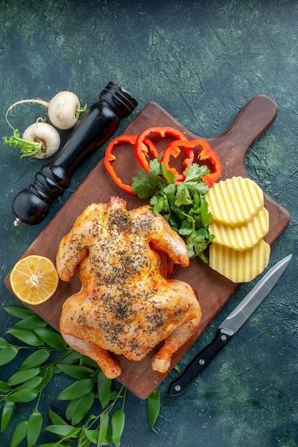 Vue de dessus du poulet cuit épicé avec des pommes de terre sur la surface sombre