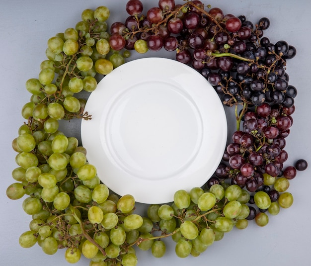 Vue de dessus du raisin noir et blanc autour de la plaque sur fond gris