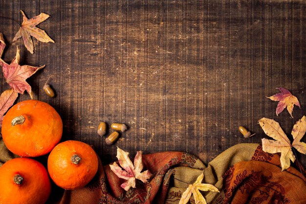 Vue de dessus des éléments d'automne avec des feuilles et de l'espace de copie