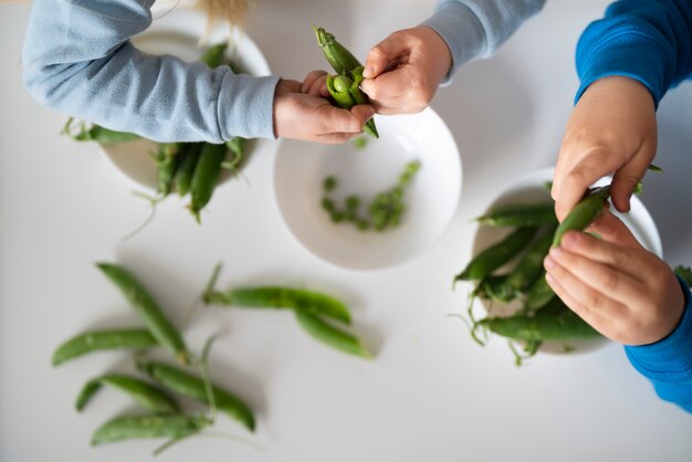 Vue de dessus des enfants tenant des haricots verts