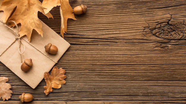 Photo gratuite vue de dessus de l'enveloppe avec des feuilles d'automne et de l'espace de copie