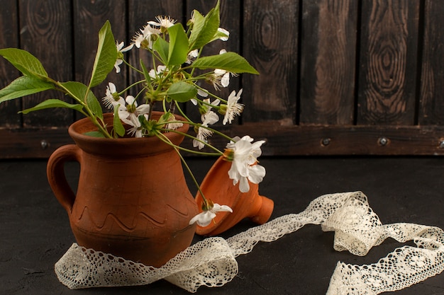 Vue de dessus des fleurs blanches à l'intérieur de la trempette brune sur le fond sombre