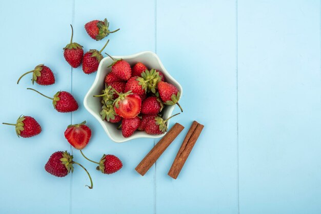 Vue de dessus de la fraise sur un bol avec des bâtons de cannelle sur un fond bleu avec copie espace