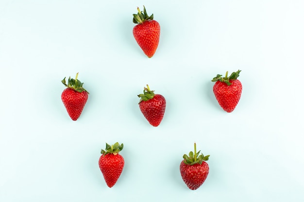 Photo gratuite vue de dessus fraises rouges frais moelleux isolé sur le sol blanc