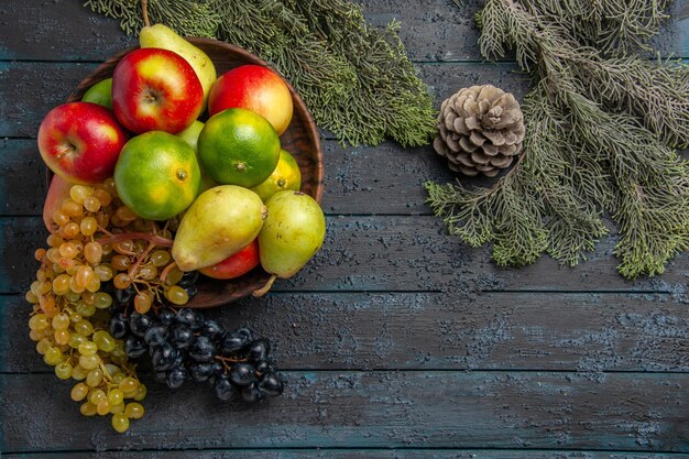 Vue de dessus fruits et branches raisins blancs et noirs citrons verts poires pommes dans un bol à côté de branches d'épinette sur une surface grise