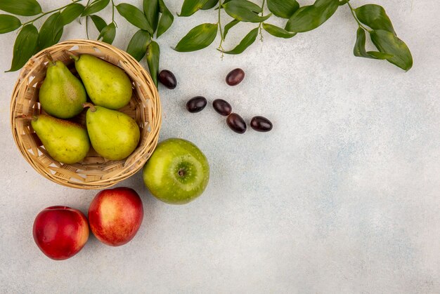 Vue de dessus des fruits comme panier de poire avec des baies de raisin pomme pêche avec des feuilles sur fond blanc avec copie espace