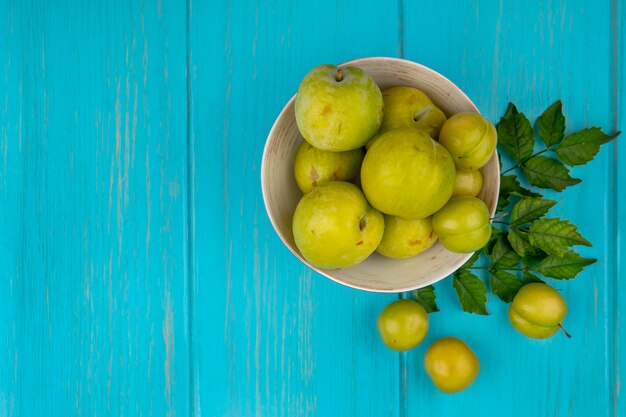 Vue de dessus des fruits comme les prunes et les pluots verts dans un bol avec des feuilles sur fond bleu avec copie espace