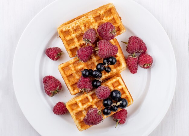 Vue de dessus des gaufres sucrées sur une assiette avec des framboises et des cassis