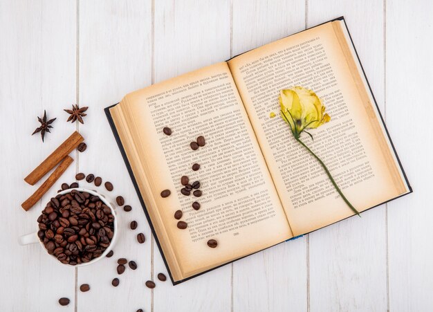 Vue de dessus des grains de café frais torréfiés sur une tasse blanche avec des bâtons de cannelle et d'anis sur un fond en bois blanc