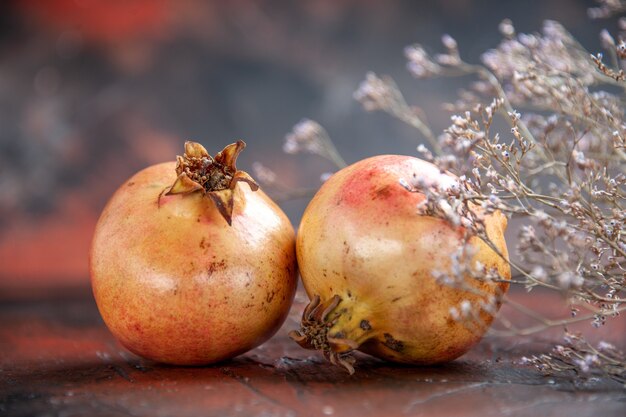 Vue de dessus des grenades fraîches branche de fleurs sauvages séchées sur fond isolé rouge foncé