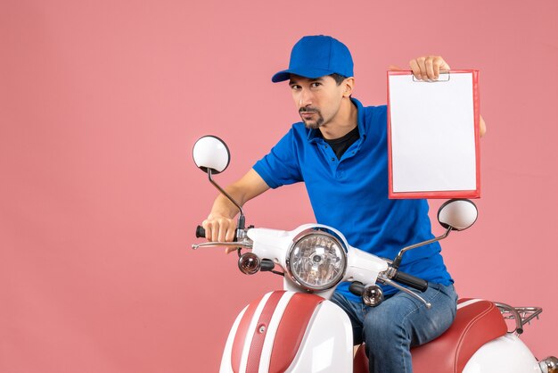 Vue de dessus d'un homme de messagerie confiant portant un chapeau assis sur un scooter montrant un document sur fond de pêche pastel