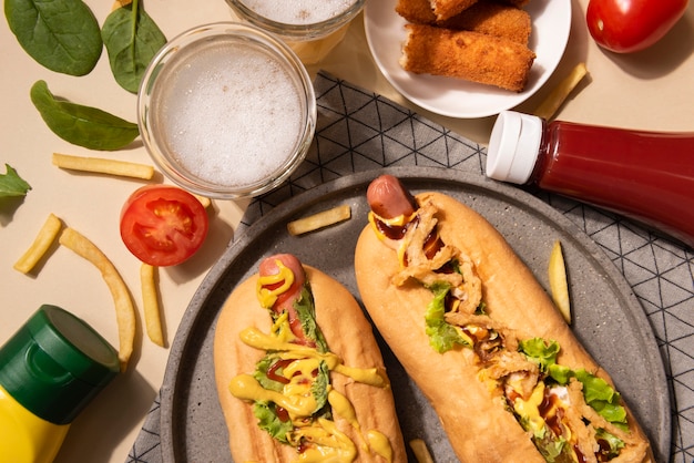 Vue de dessus des hot-dogs à la moutarde et au ketchup