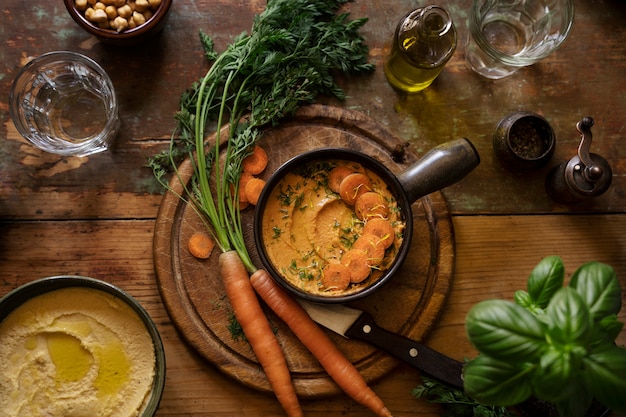 Photo gratuite vue de dessus sur le houmous coloré