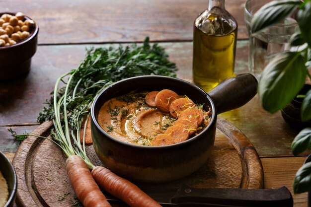 Vue de dessus sur le houmous coloré