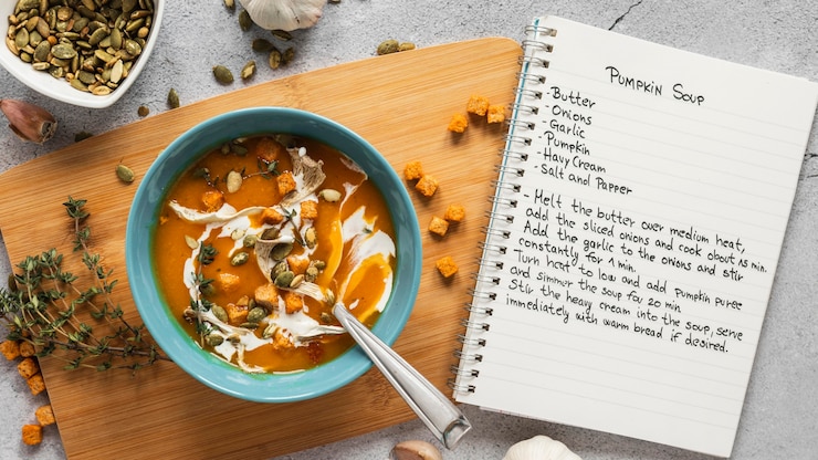 Photo gratuit vue de dessus des ingrédients alimentaires avec bol de soupe aux légumes et cahier