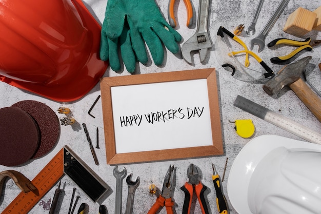 Photo gratuite vue de dessus de la journée internationale des travailleurs avec des outils d'ingénieur