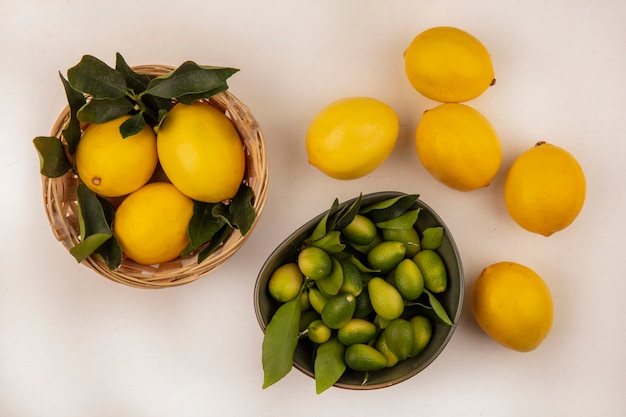 Vue de dessus des kinkans à peau verte sur un bol avec des citrons sur un seau sur un fond blanc
