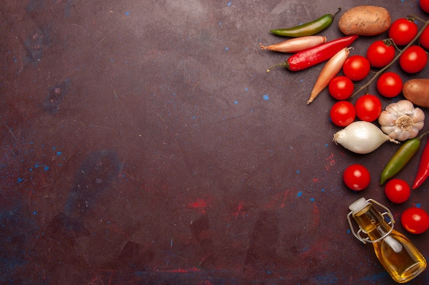 Photo gratuite vue de dessus des légumes frais avec différents assaisonnements sur l'espace sombre