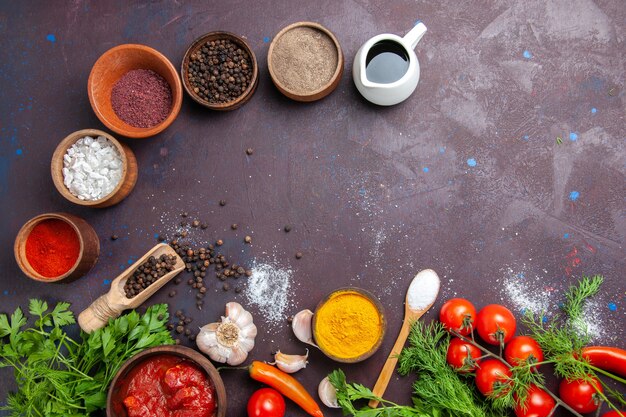 Vue de dessus des légumes frais avec des légumes verts et des assaisonnements sur un espace sombre