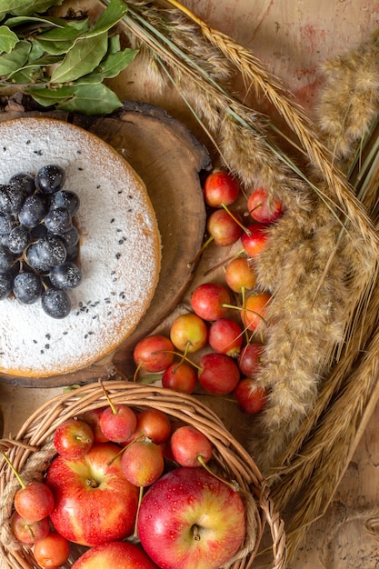 Photo gratuite vue de dessus de loin un gâteau un panier de gâteau de pommes sauce au chocolat baies raisins secs épillets