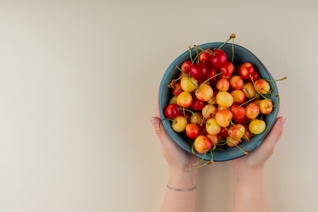 Vue de dessus des mains féminines tenant un bol avec des cerises mûres pluviales sur blanc avec espace copie