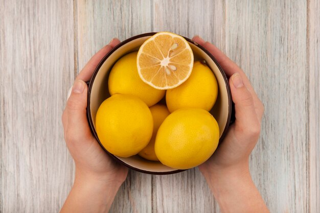 Vue de dessus des mains féminines tenant un bol de citrons sains sur une surface en bois gris