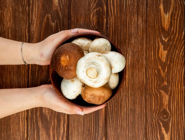Vue de dessus des mains féminines tenant des champignons frais dans un bol en bois sur rustique