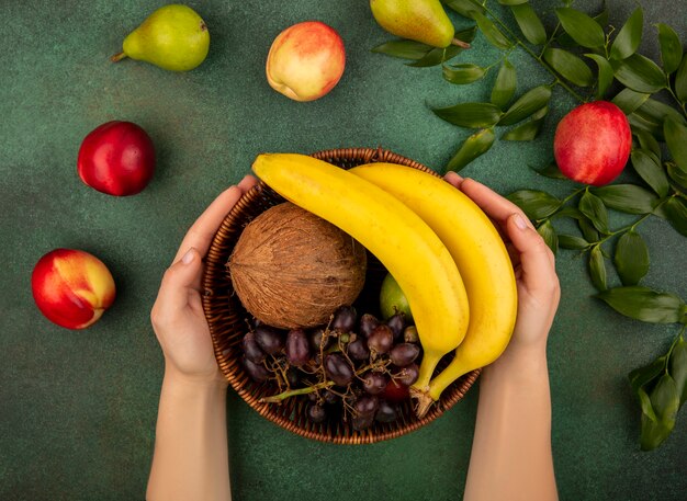 Vue de dessus des mains féminines tenant le panier de fruits comme poire de raisin banane noix de coco avec pêches et feuilles sur fond vert