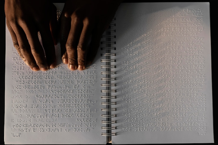 Photo gratuit vue de dessus mains lecture cahier braille