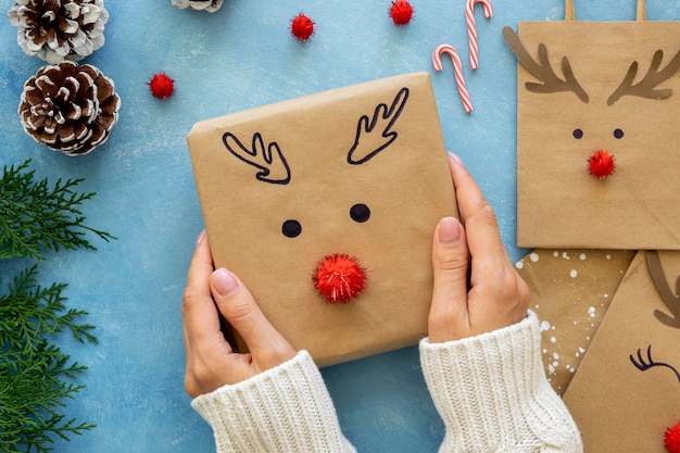 Vue de dessus des mains tenant un cadeau de Noël décoré de renne mignon