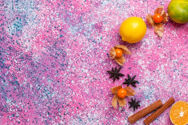 Vue de dessus des mandarines aigres fraîches avec des citrons et de la cannelle sur le fond rose clair.