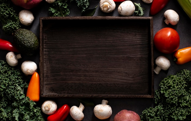 Vue de dessus mélange de légumes avec plateau en bois vide