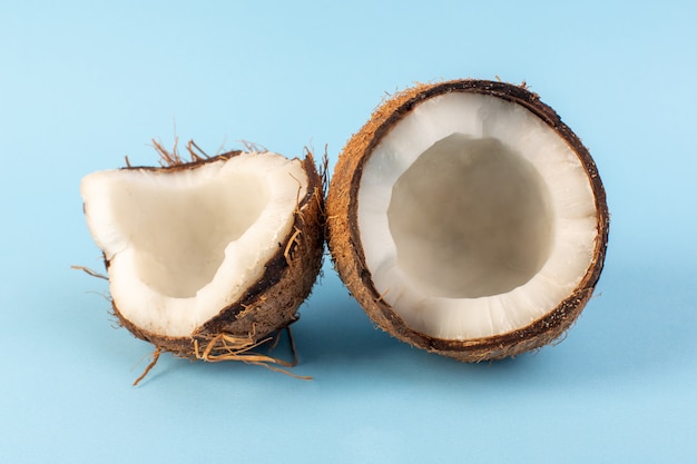 Une vue de dessus noix de coco tranché moelleux frais laiteux isolé sur le bleu glacé