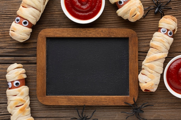 Vue de dessus de la nourriture d'halloween avec cadre et ketchup