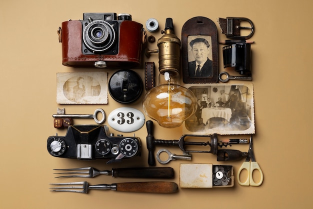 Photo gratuite vue de dessus objets vintage nature morte