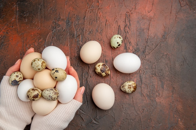 Vue de dessus des œufs de poule blancs dans les mains des femmes sur la table sombre