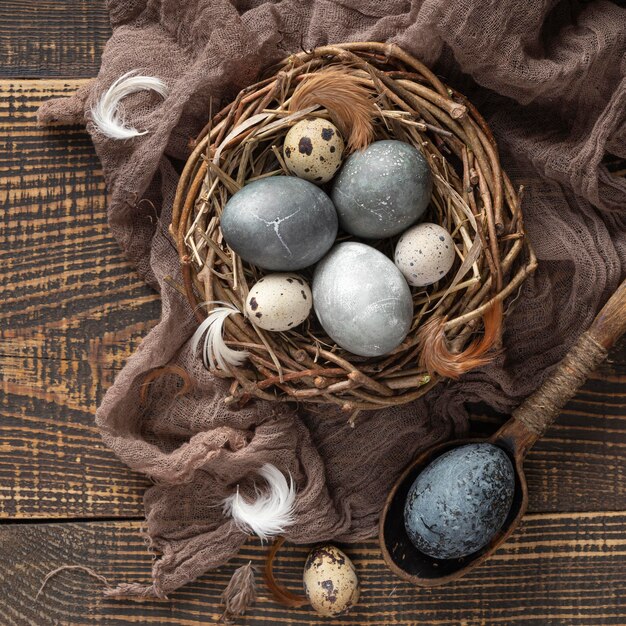 Vue de dessus des oeufs pour Pâques avec textile et nid d'oiseau