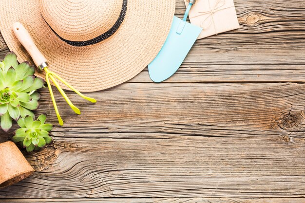 Vue de dessus des outils de jardinage sur le plancher en bois