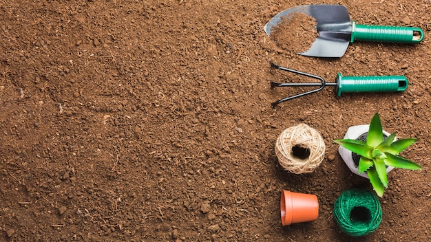 Vue de dessus des outils de jardinage sur le sol