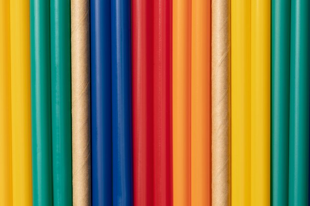 Vue de dessus de pailles en plastique colorées mélangées à des pailles en papier