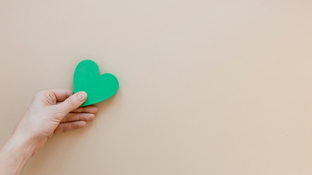 Vue de dessus personne tenant un coeur vert sur fond beige