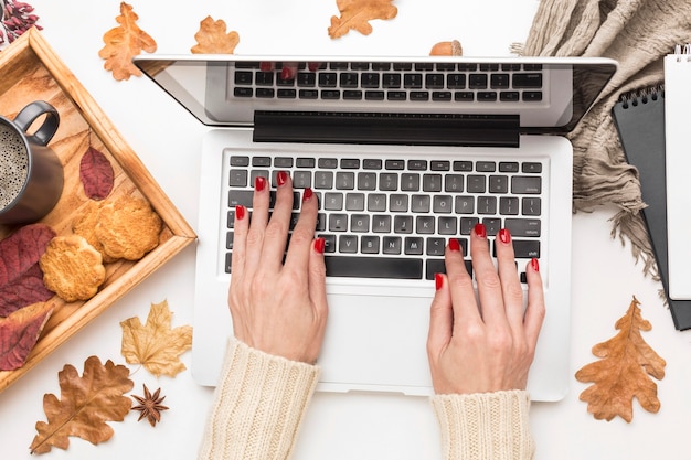 Vue de dessus de la personne travaillant sur ordinateur portable avec des feuilles d'automne