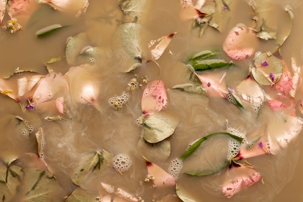 Photo gratuite vue de dessus des pétales roses et des feuilles dans de l'eau brune