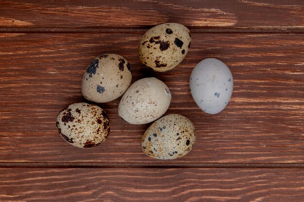 Vue de dessus de petits œufs de caille frais sur un fond en bois